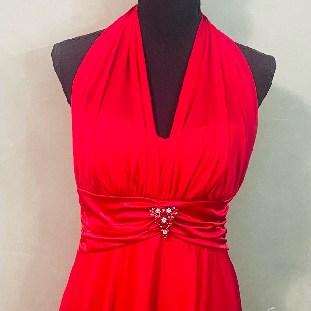 Candy red, flirty, illusion halter dress
